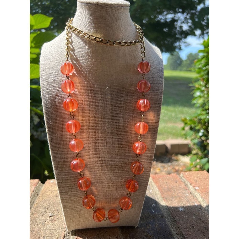 Orange Acrylic Textured Bead Necklace -- 36"